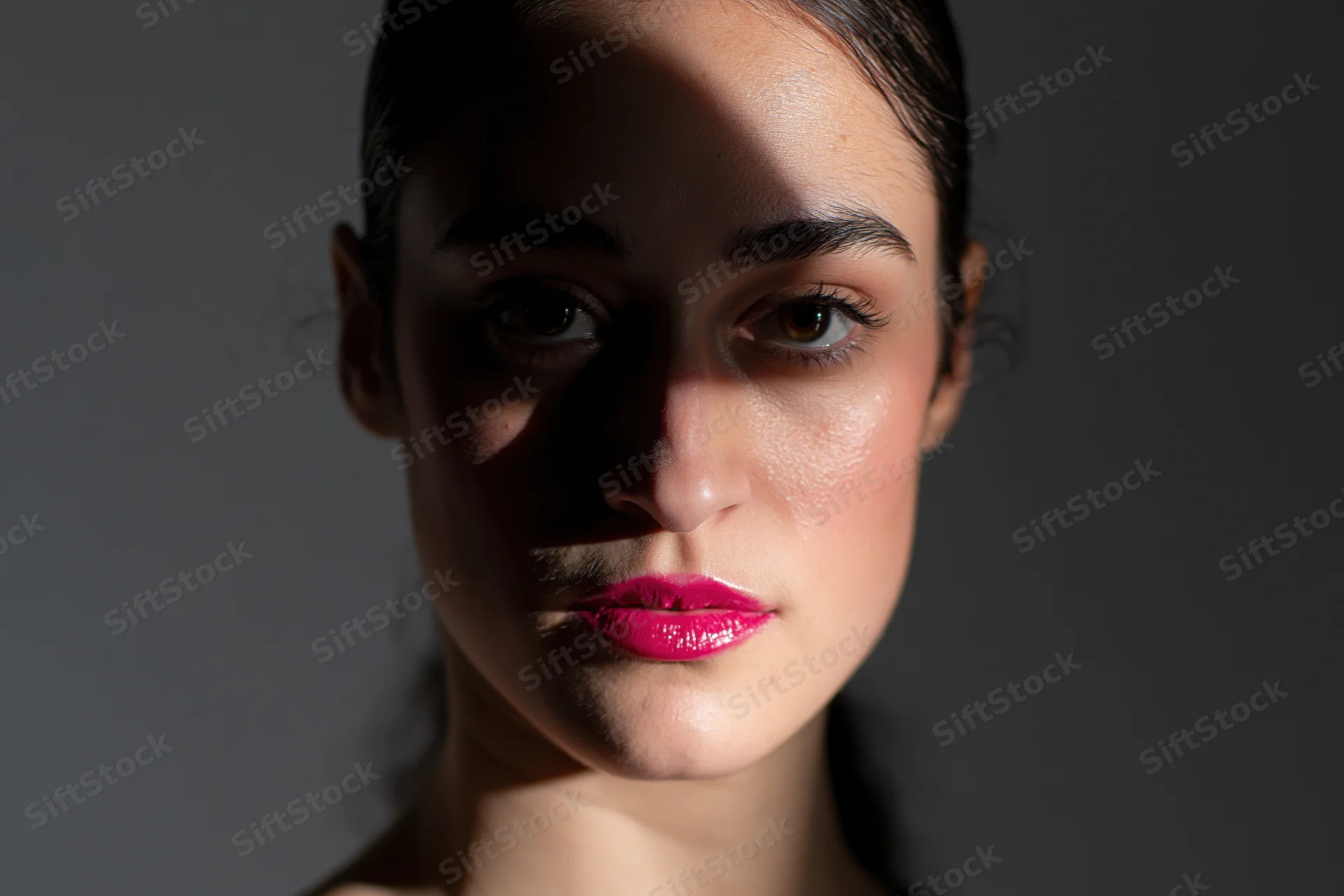 Young woman with dark hair pulled back and pink lipstick in studio lighting, close-up portrait with dramatic shadows