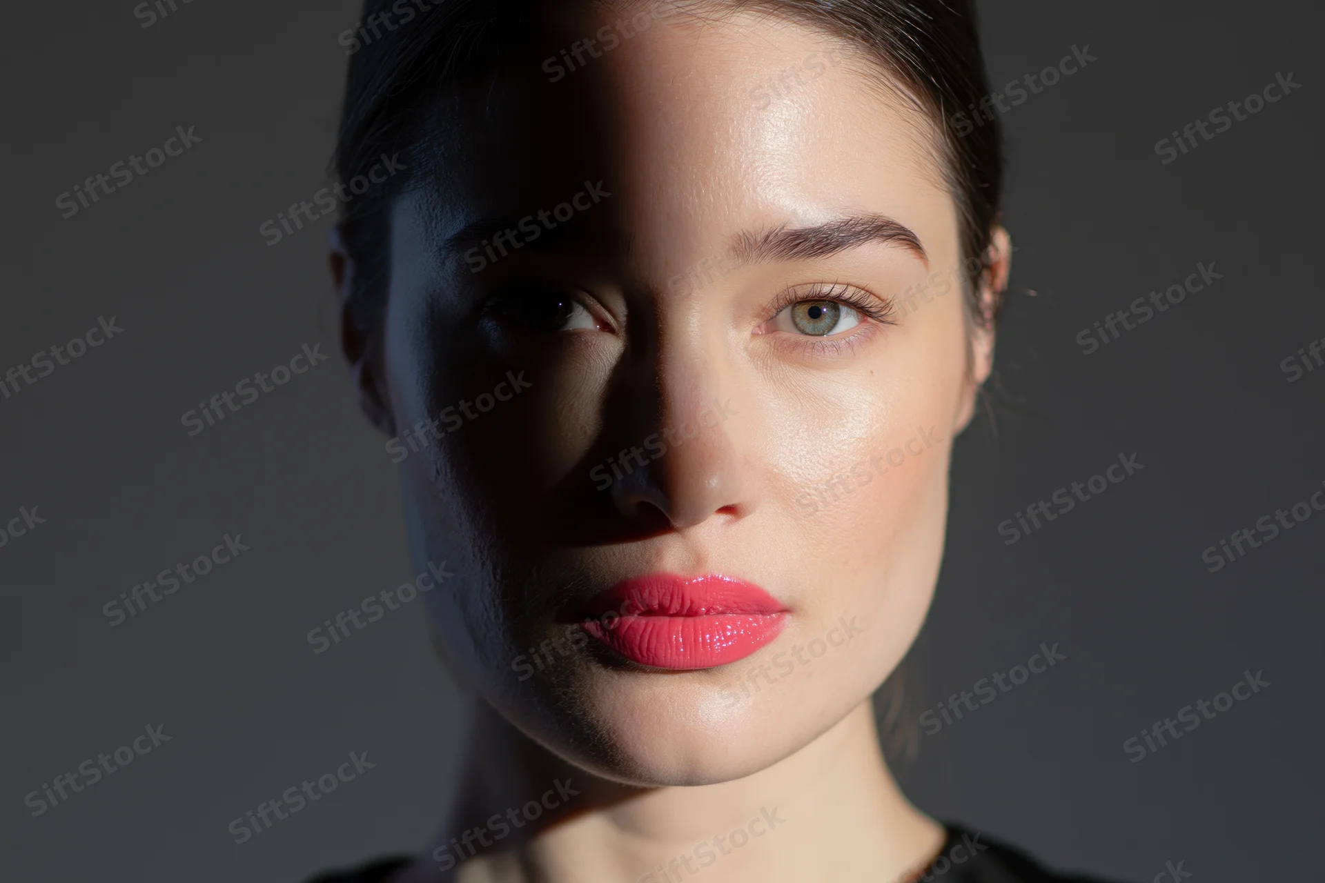 Closeup portrait of young woman with dark hair pulled back and red lipstick under studio lighting