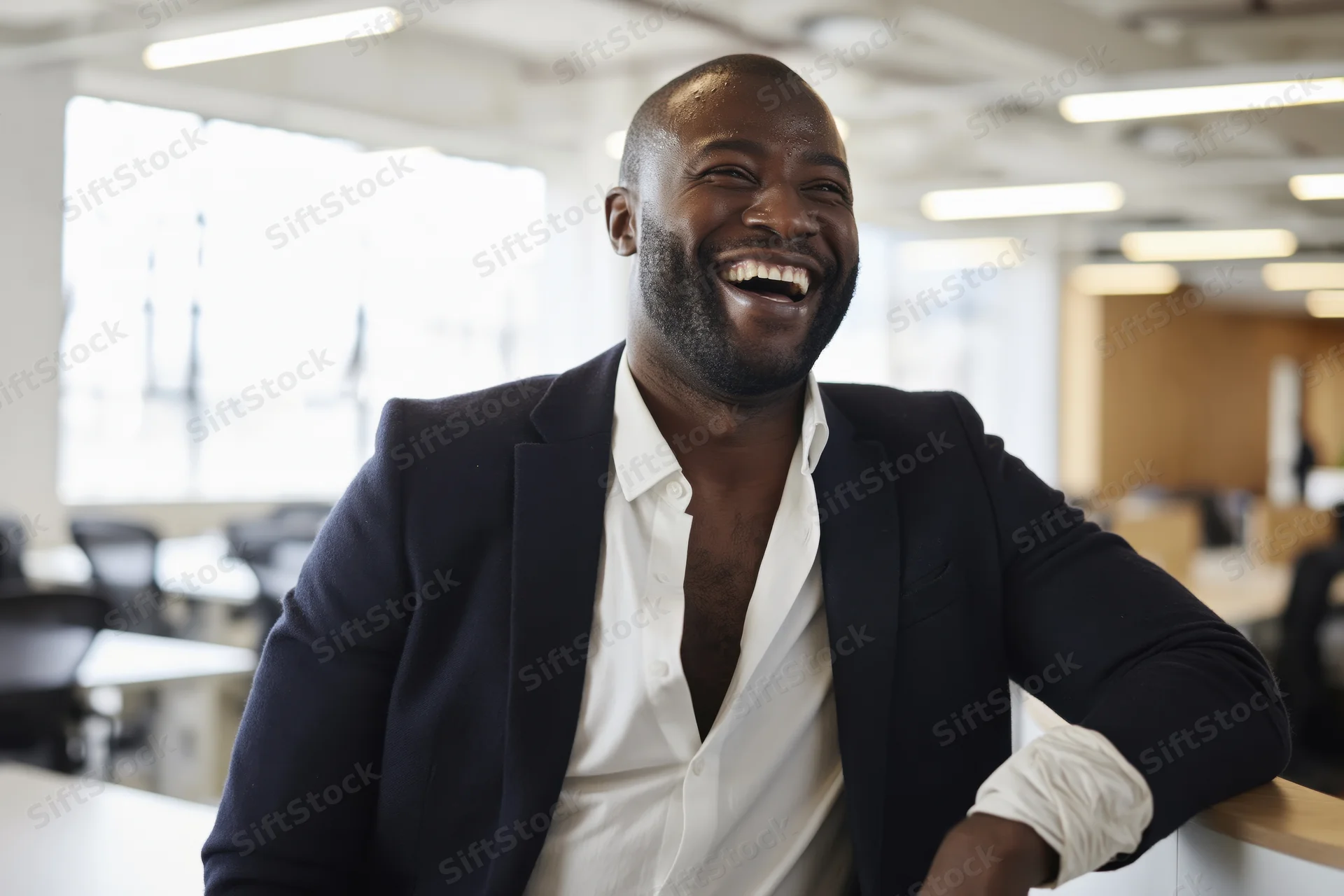 Black man laughing in modern open-plan office wearing suit and white shirt