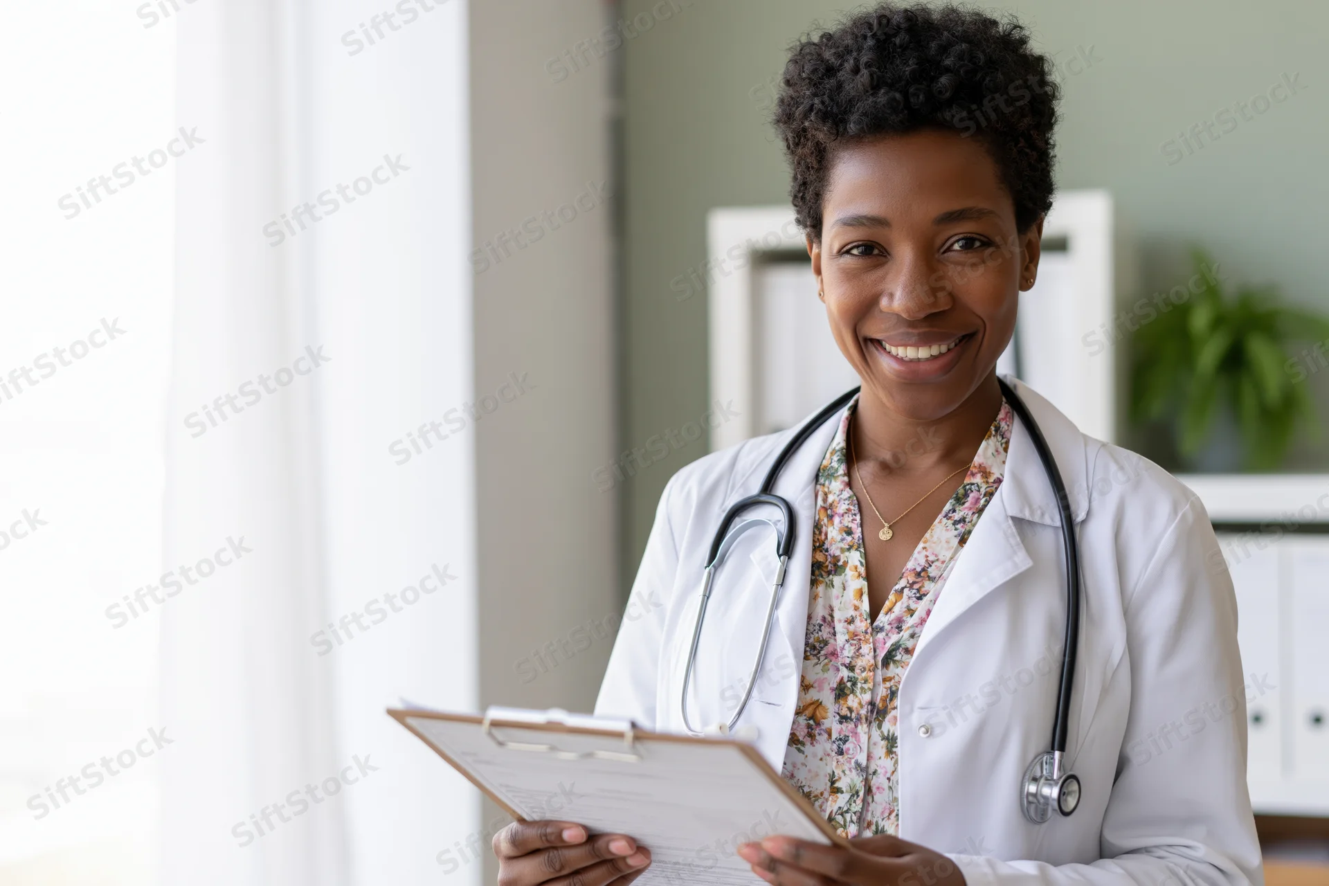 Black female doctor smiling while holding clipboard in bright clinic office