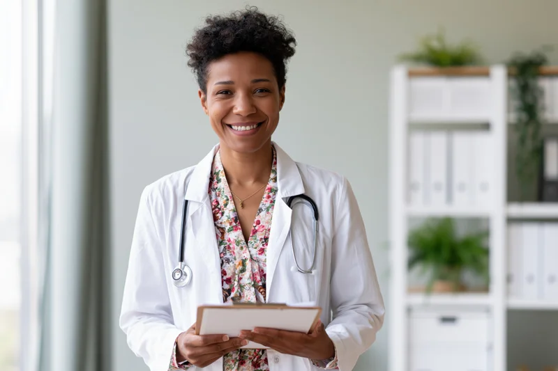 Black female doctor smiling while holding clipboard in bright clinic interior
