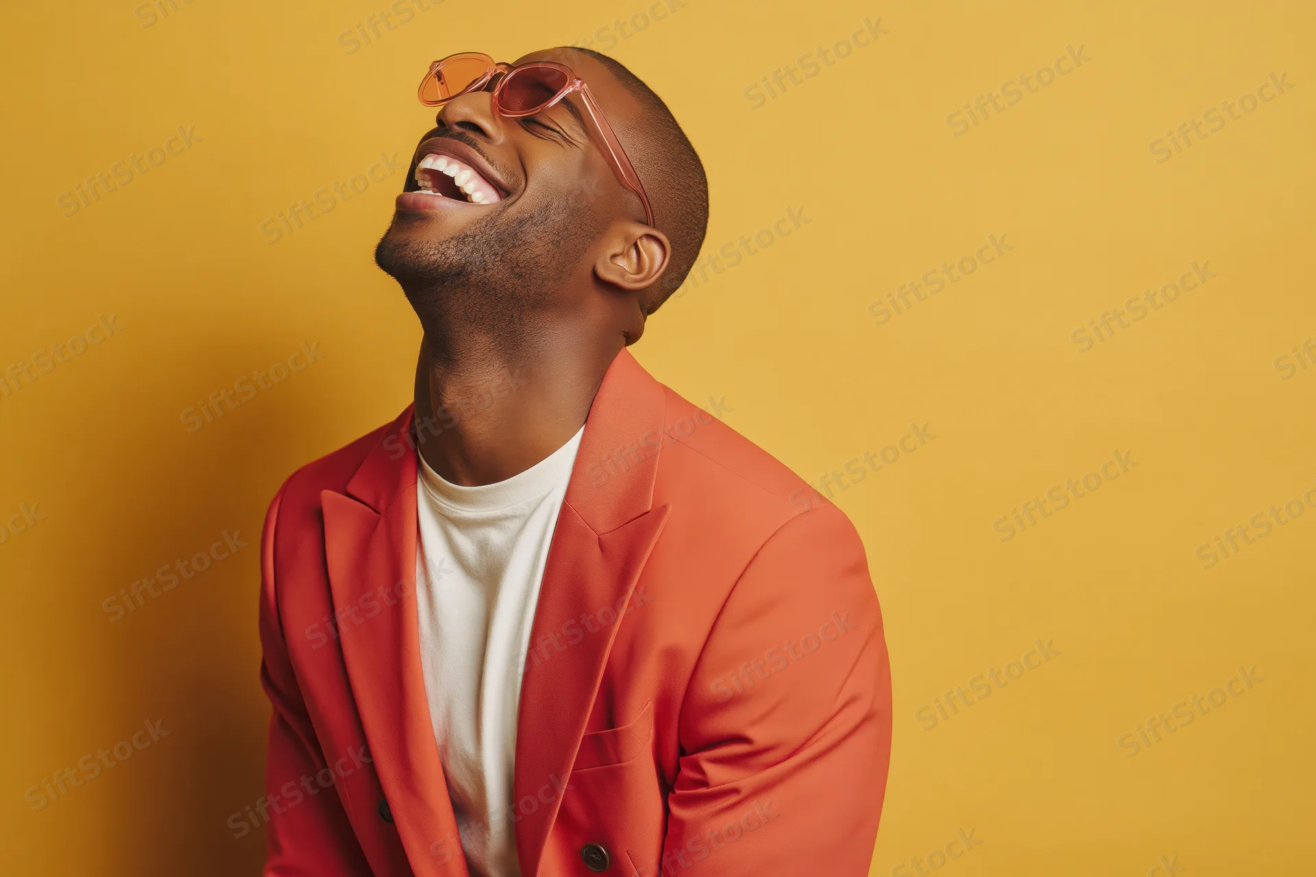 Man laughing with head tilted back wearing orange sunglasses and blazer against yellow background