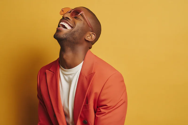 Man laughing with head tilted back wearing orange sunglasses and blazer against yellow background