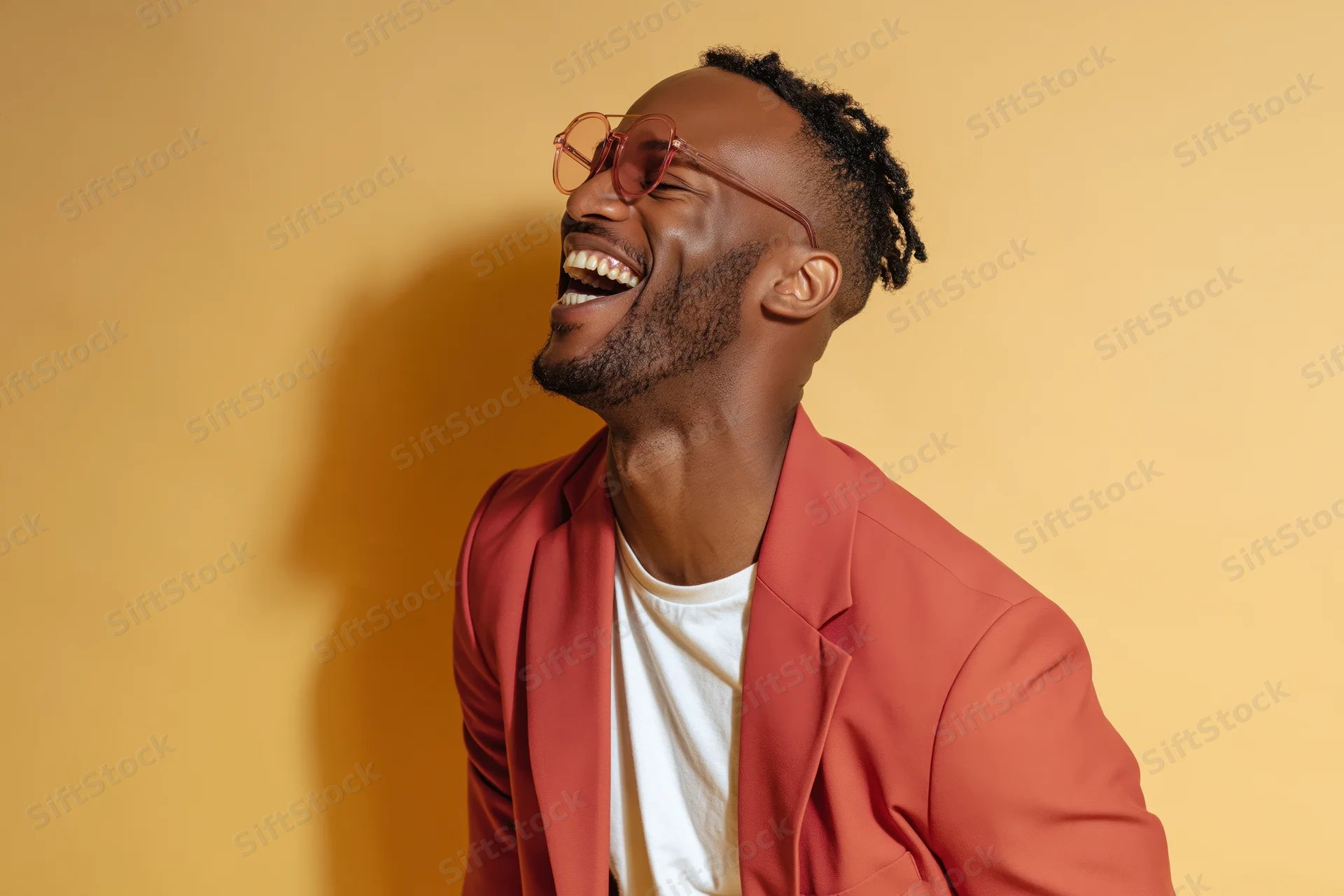 Black man laughing with head tilted back, wearing red blazer and glasses against yellow background