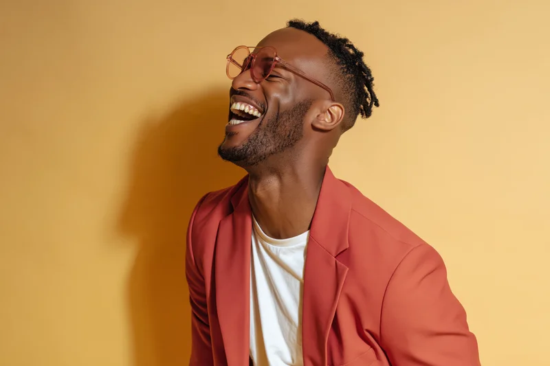 Black man laughing with head tilted back, wearing red blazer and glasses against yellow background