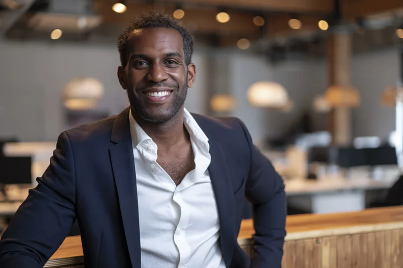 Black man in navy suit over white open-collar shirt smiling in modern office workspace