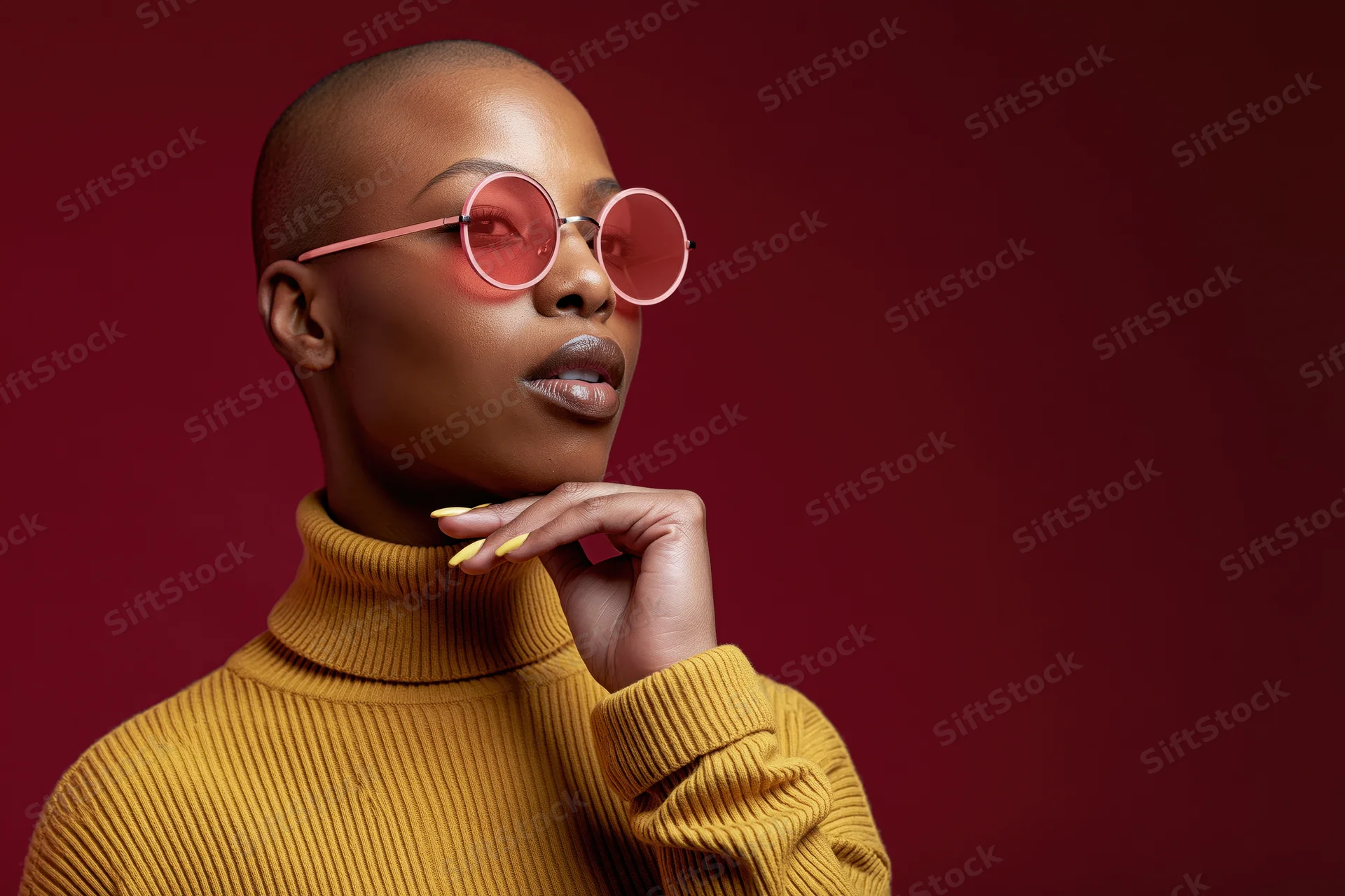 Black woman with shaved head wearing round rose-tinted sunglasses and mustard ribbed turtleneck, hand on chin against red background