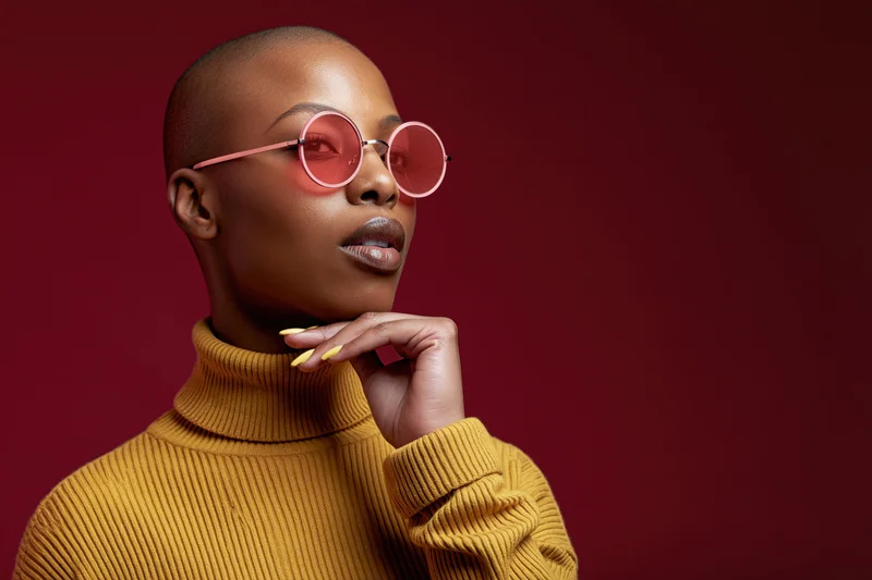 Black woman with shaved head wearing round rose-tinted sunglasses and mustard ribbed turtleneck, hand on chin against red background