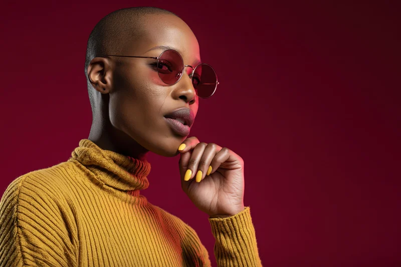 Black woman with shaved head wearing round rose-tinted sunglasses and yellow nails, posing in mustard ribbed turtleneck sweater against maroon background
