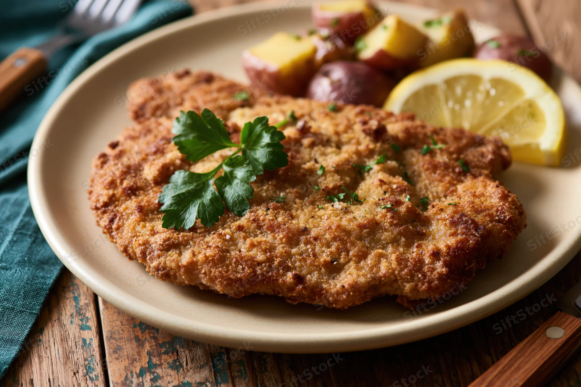 Breaded pan-fried schnitzel on a cream ceramic plate with parsley, lemon, and boiled potatoes, served on a wooden table
