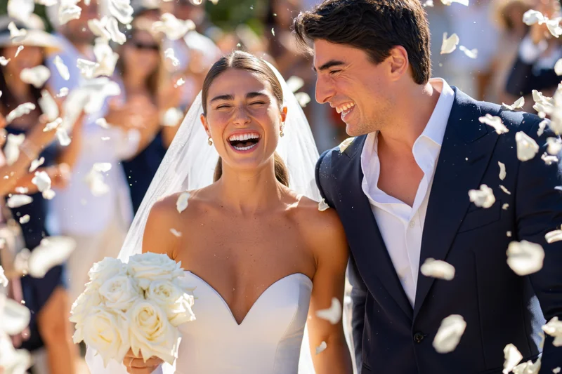 Bride and groom laughing together outdoors as confetti falls around them