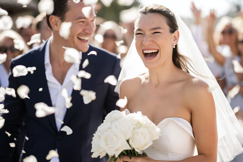 Bride and groom laughing as white petals fall around them outdoors