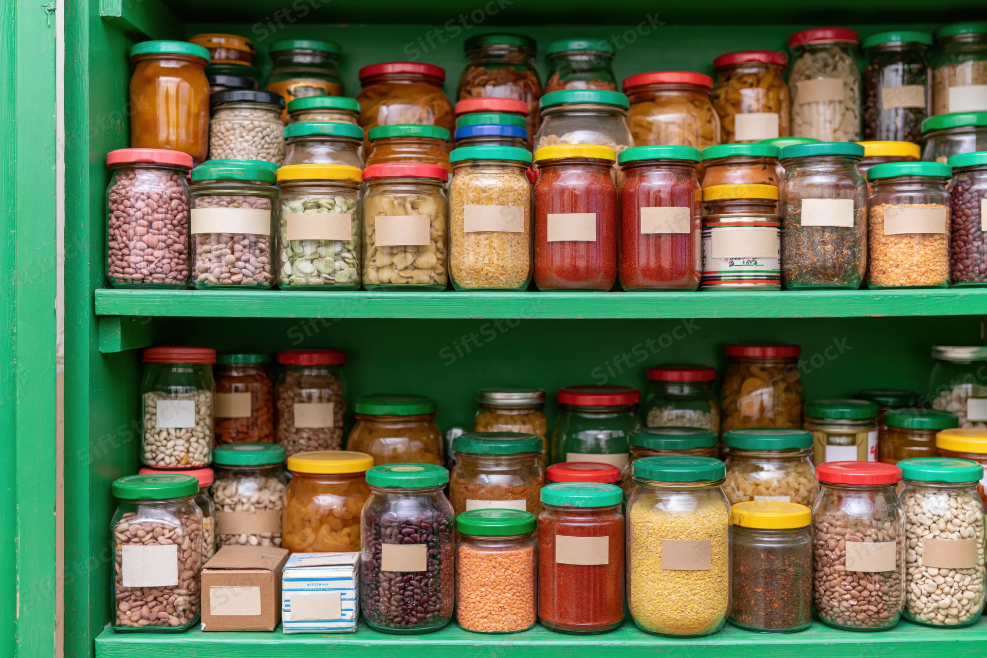 Glass jars filled with dry food ingredients arranged on bright green wooden pantry shelves