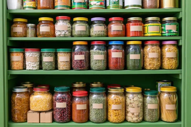 Green wooden pantry shelves filled with glass jars of dry food ingredients and spices, each with blank labels