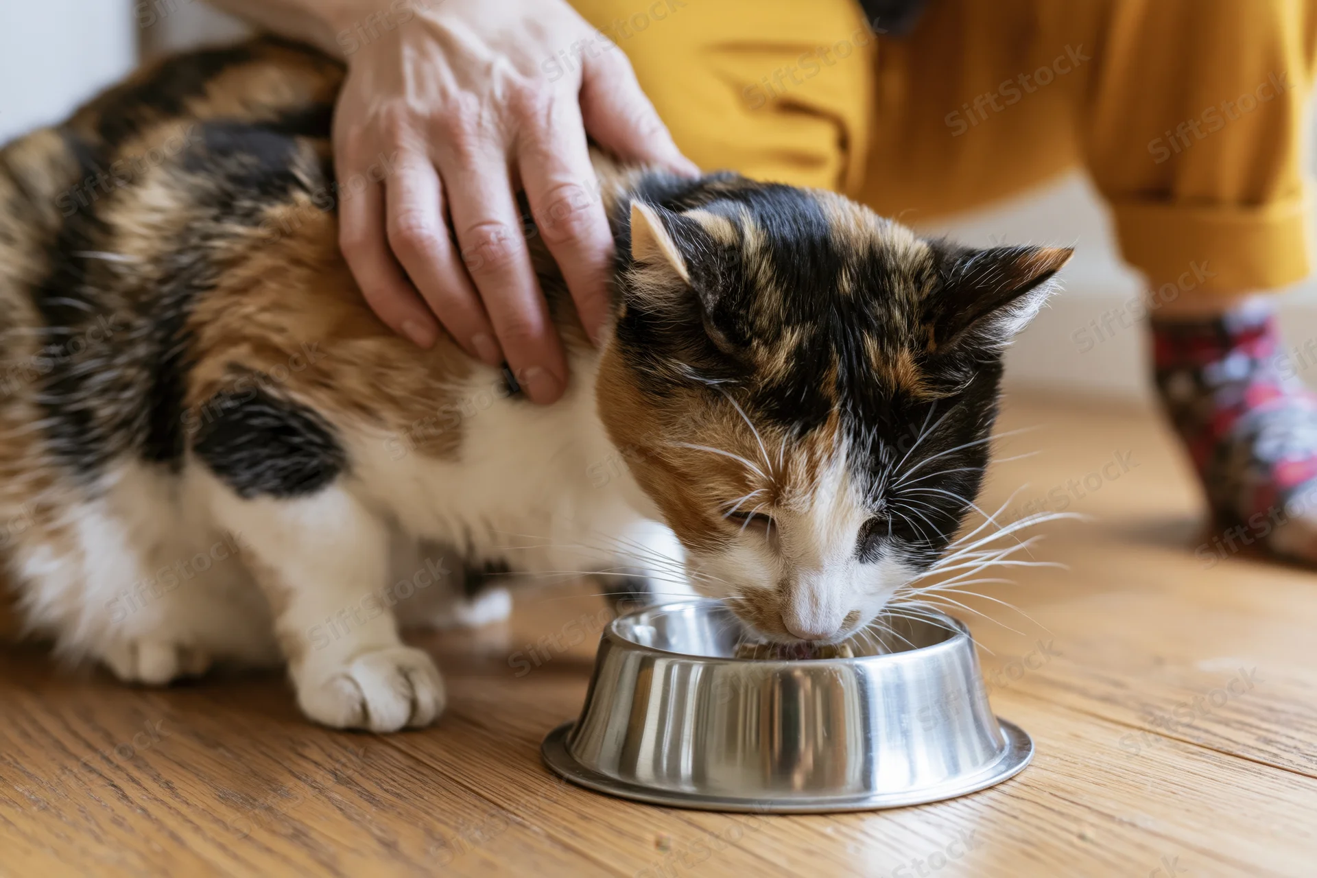 Calico cat eating from a stainless steel bowl on wooden floor while being petted by a woman