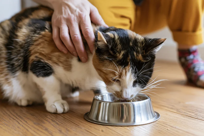 Calico cat eating from a stainless steel bowl on wooden floor while being petted by a woman