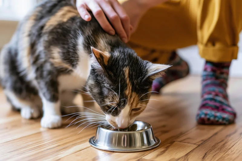 Calico cat eating from a stainless steel bowl on hardwood floor while being petted by a person