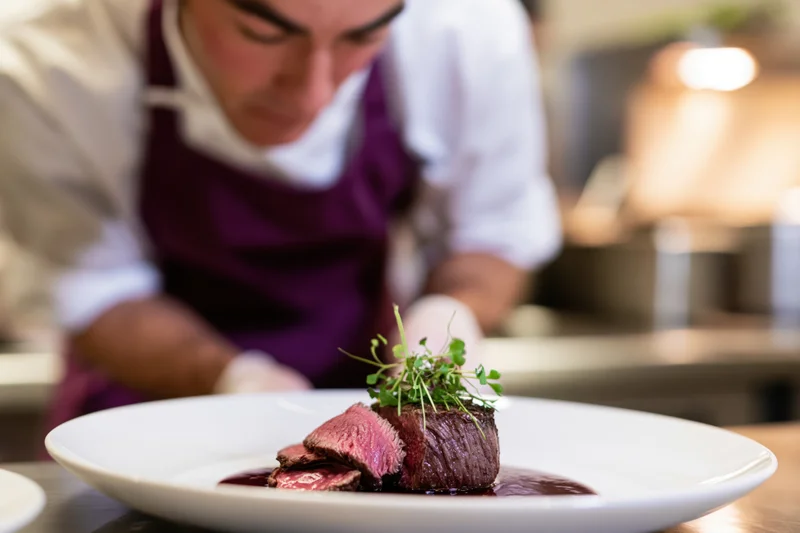 Chef plating sliced medium-rare steak with sauce and microgreens on white plate in restaurant kitchen