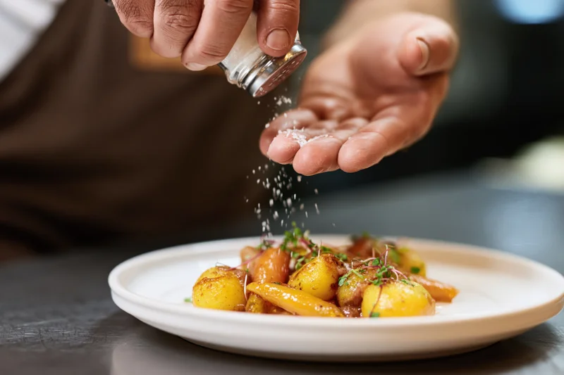 Chef's hands sprinkling salt crystals from a glass shaker over a plated dish of potatoes and vegetables