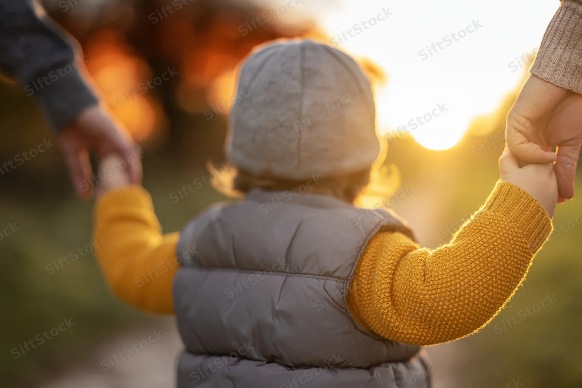 Toddler holding hands with parents outdoors at sunset