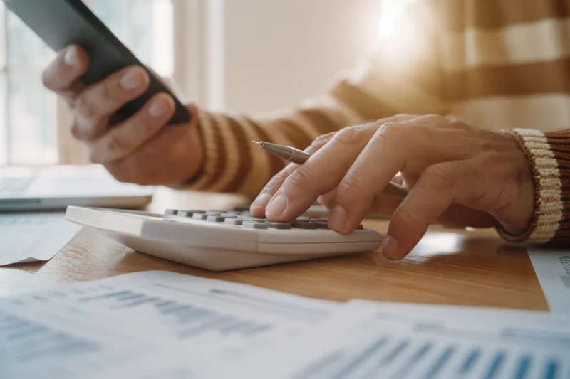 Man’s hands using calculator and smartphone at wooden desk with financial documents