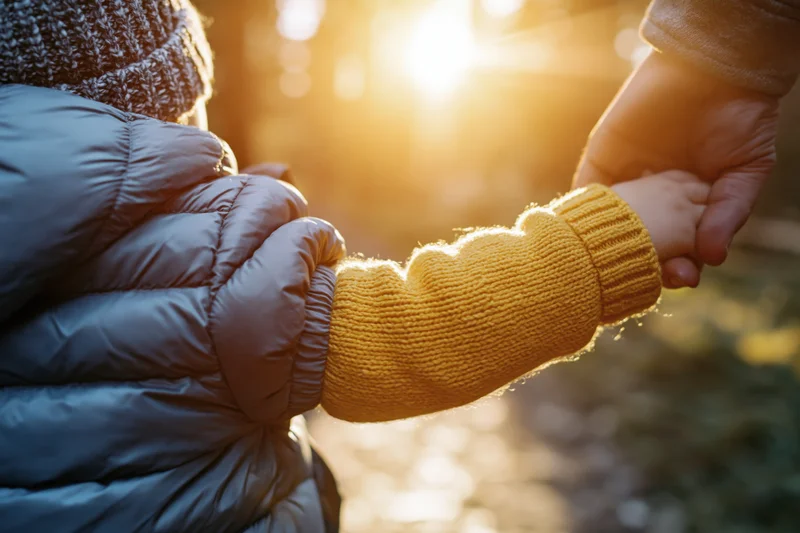 Toddler holding adult's hand outdoors in golden sunlight