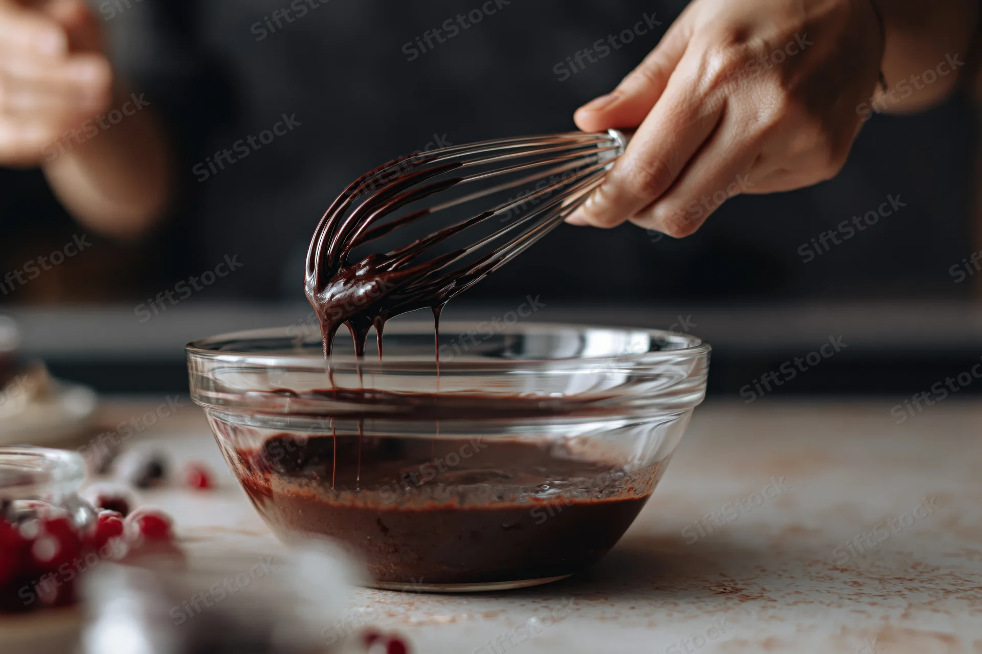 Woman lifting metal whisk dripping with chocolate from glass bowl on kitchen counter