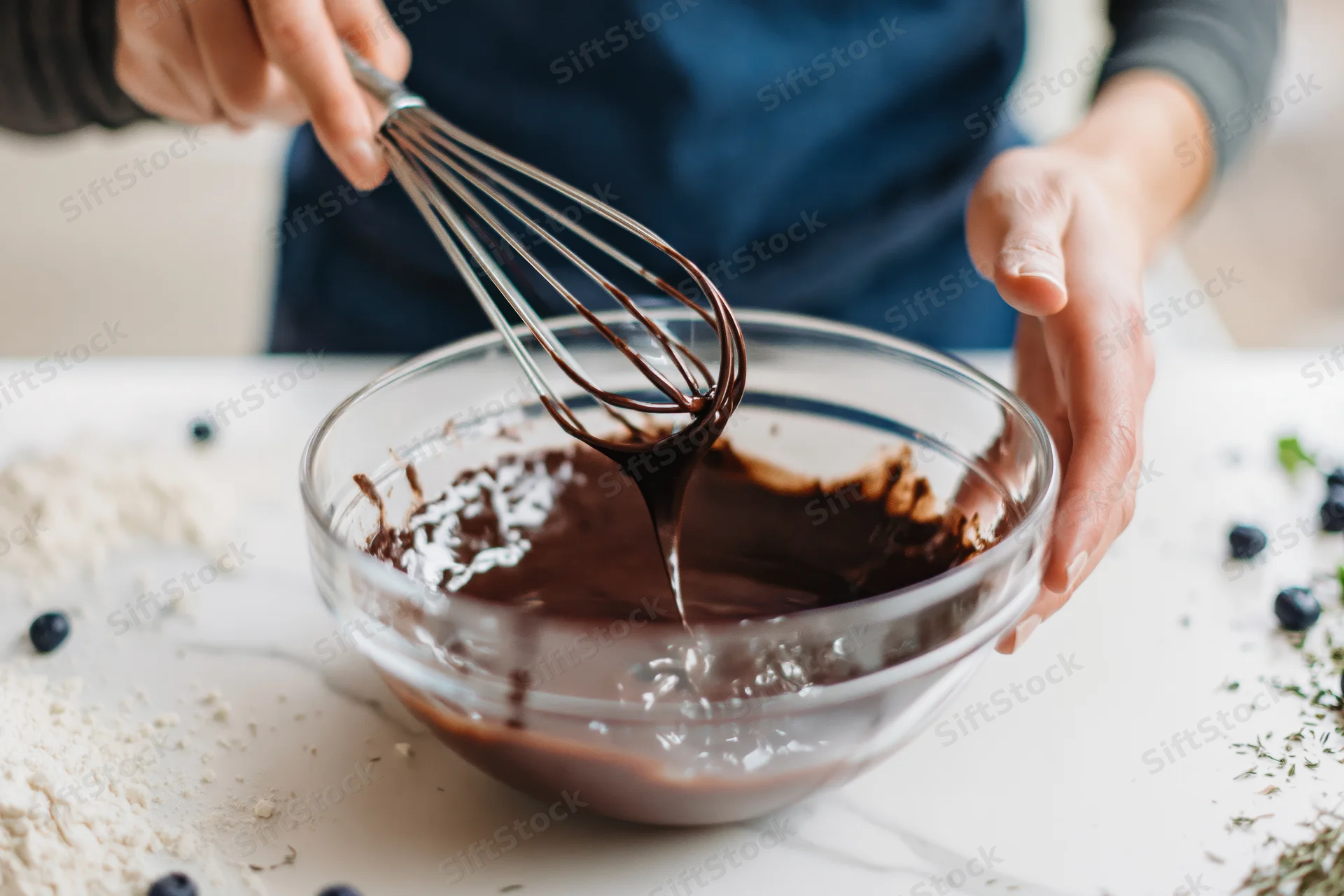 Woman mixing chocolate batter with a metal whisk in a glass bowl on a marble countertop