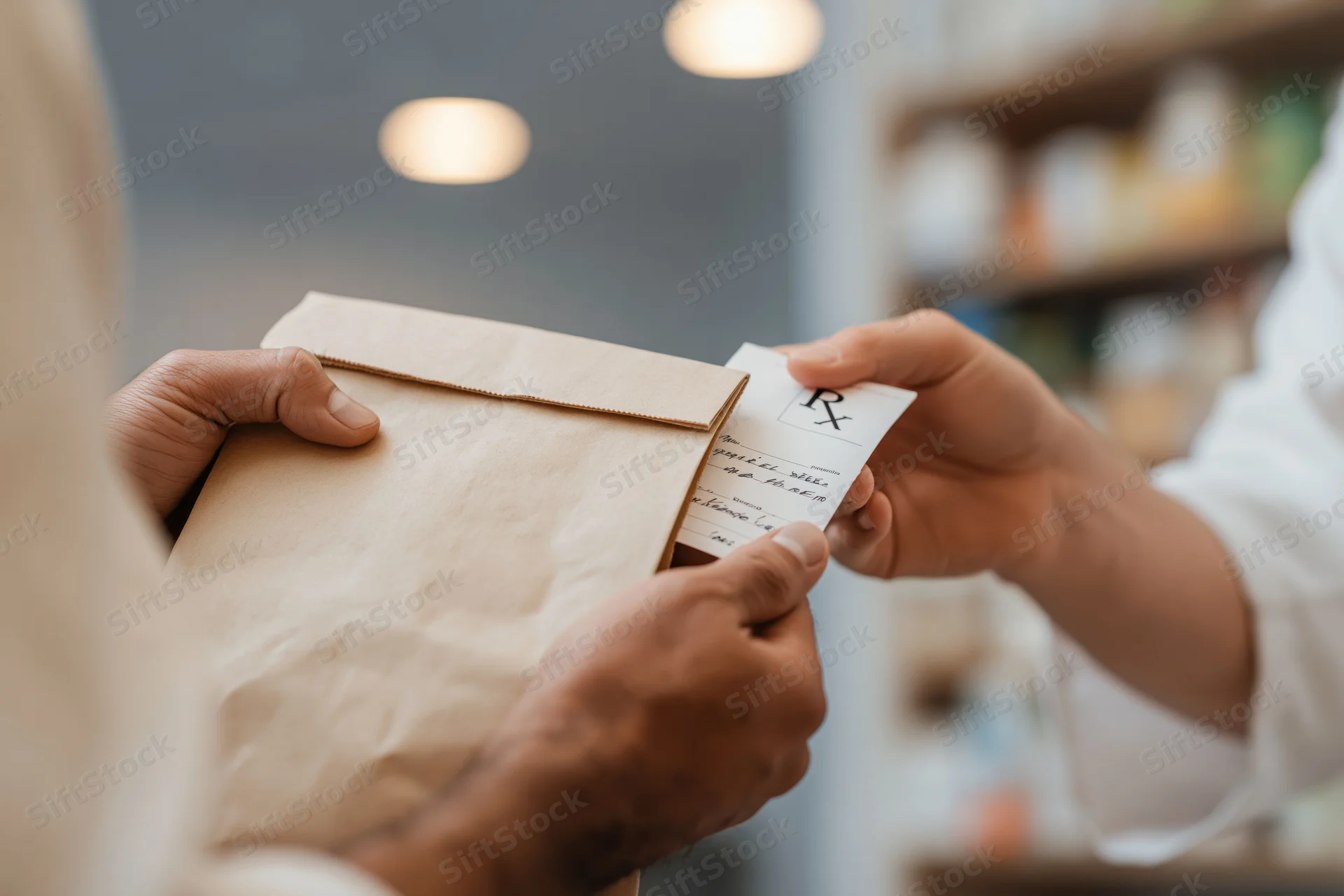 Pharmacist handing a brown paper bag with prescription to a customer at pharmacy counter