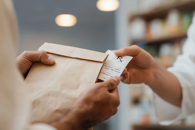 Pharmacist handing a brown paper bag with prescription to a customer at pharmacy counter