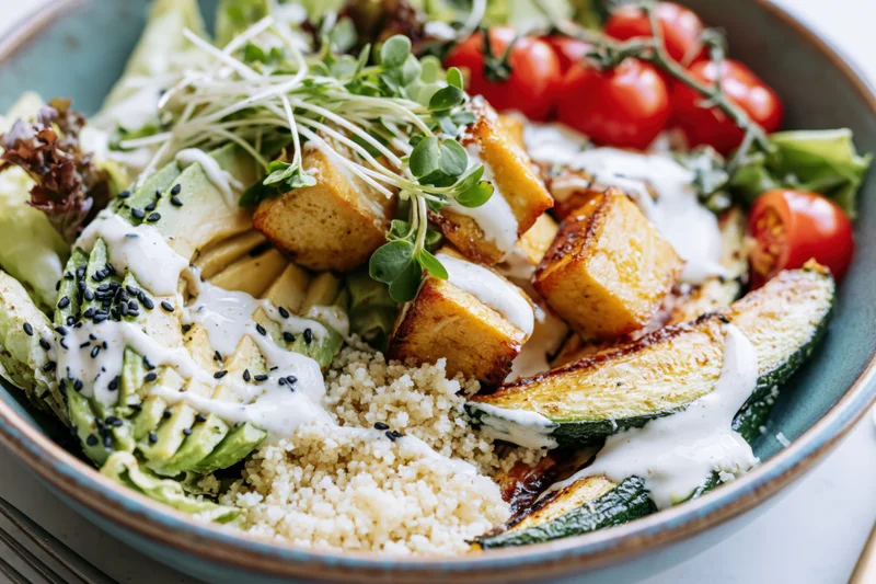 Vegan buddha bowl with quinoa, avocado, tofu, zucchini, cherry tomatoes and microgreens in a ceramic bowl