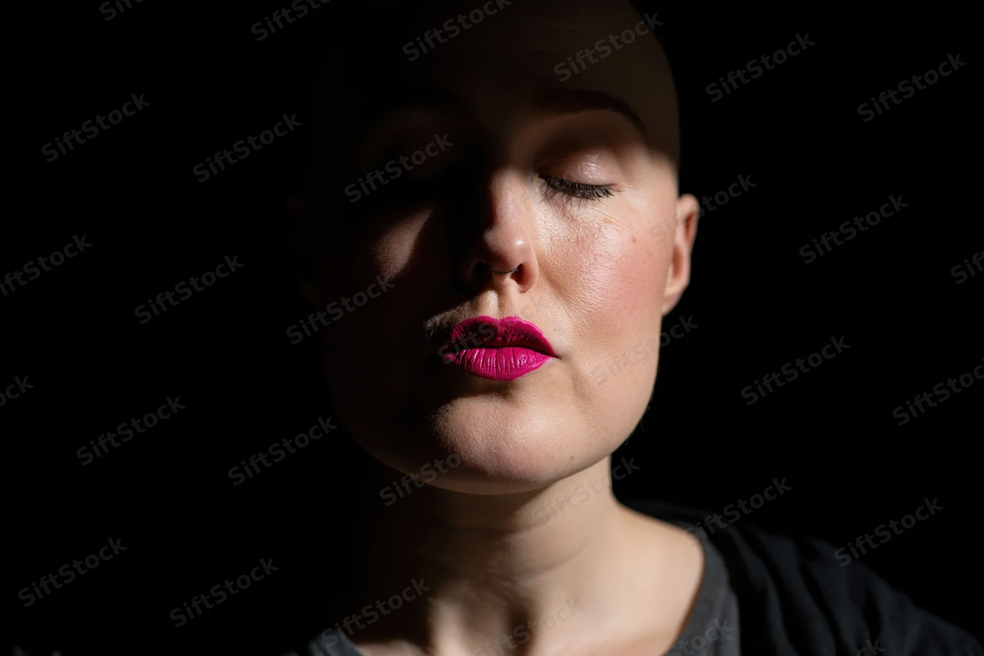 Close-up portrait of a bald woman with pink lipstick against a dark background