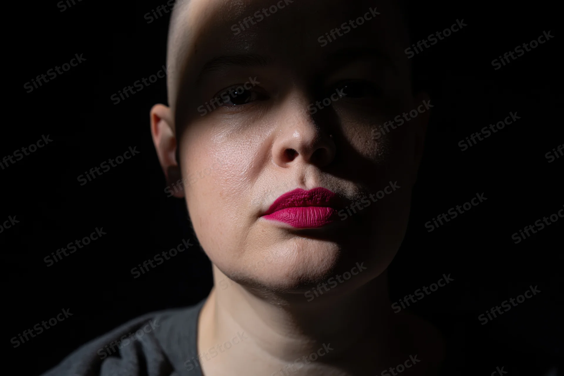 Close-up portrait of a young woman with shaved head and red lips in dramatic studio lighting