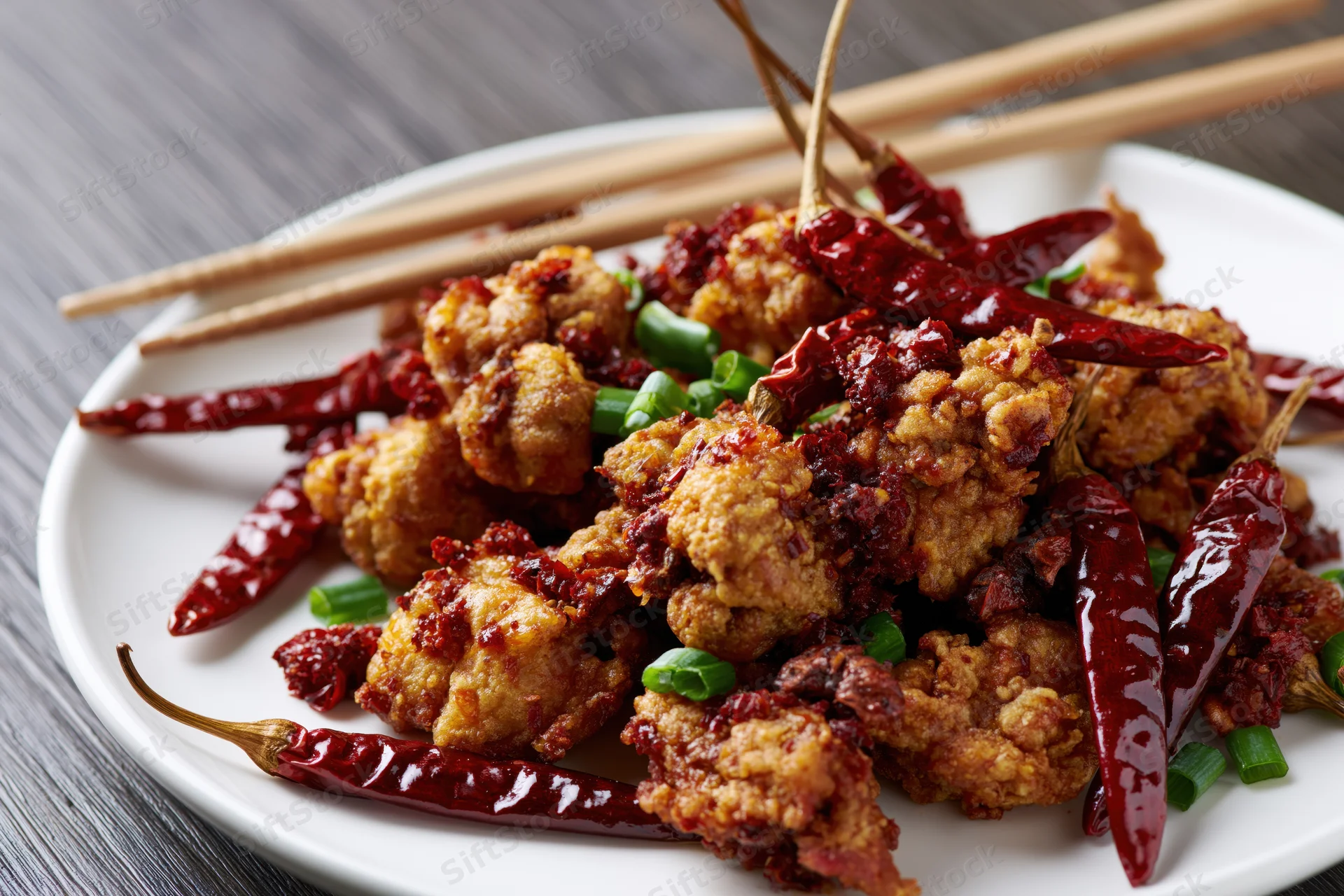 Crispy fried chicken pieces with dried red chilies and green onions on a white plate with chopsticks