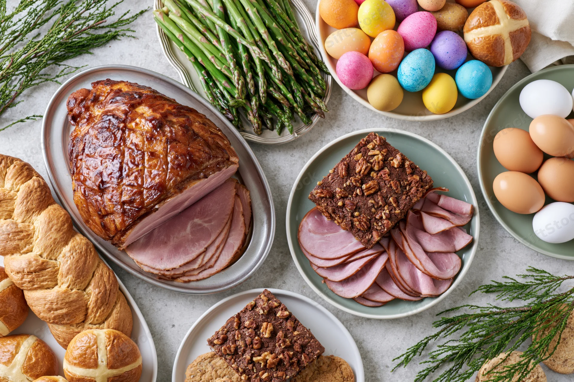 Easter holiday spread with ham, asparagus, decorated eggs, and bread on a stone surface