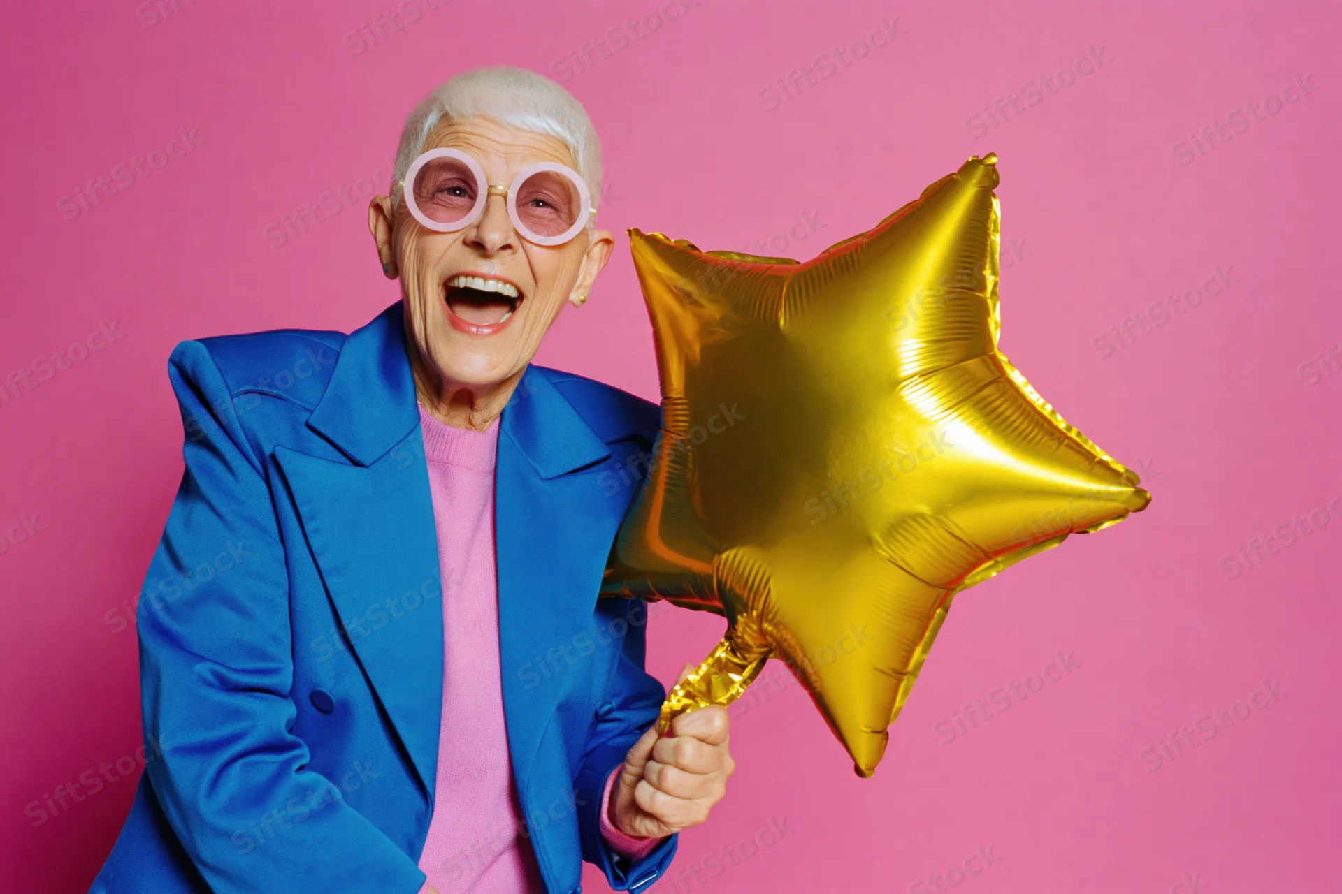 Senior woman laughing while holding a gold star balloon against pink background