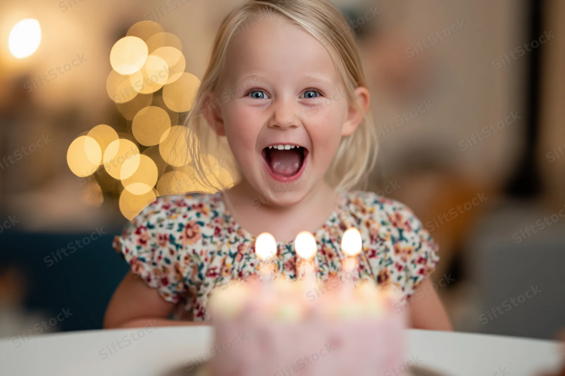Excited young blonde girl with mouth open in front of birthday cake with lit candles at home