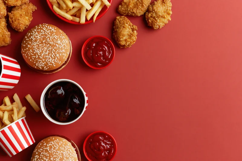 Fast food items including burgers, fries, chicken nuggets, and sauces arranged on a red surface with copyspace