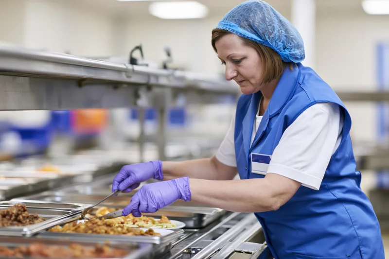 Woman in blue uniform serving food portions at cafeteria buffet line