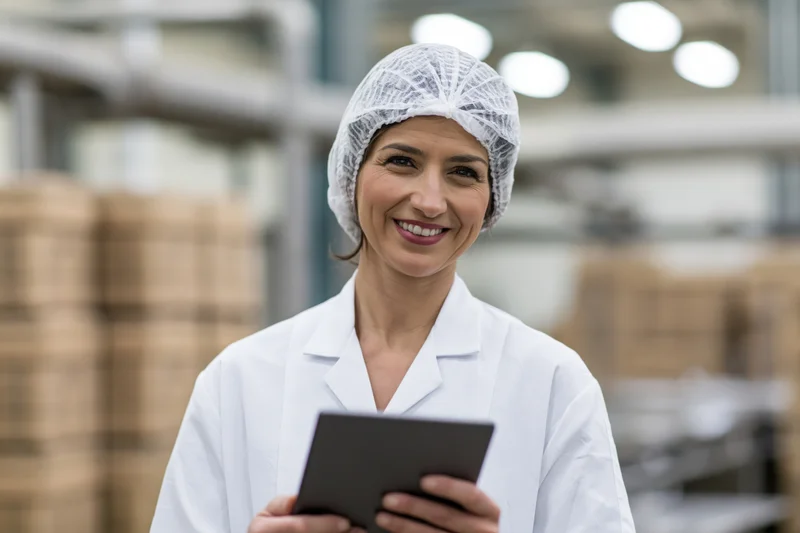 Woman in white lab coat and hairnet holding tablet while smiling in factory setting