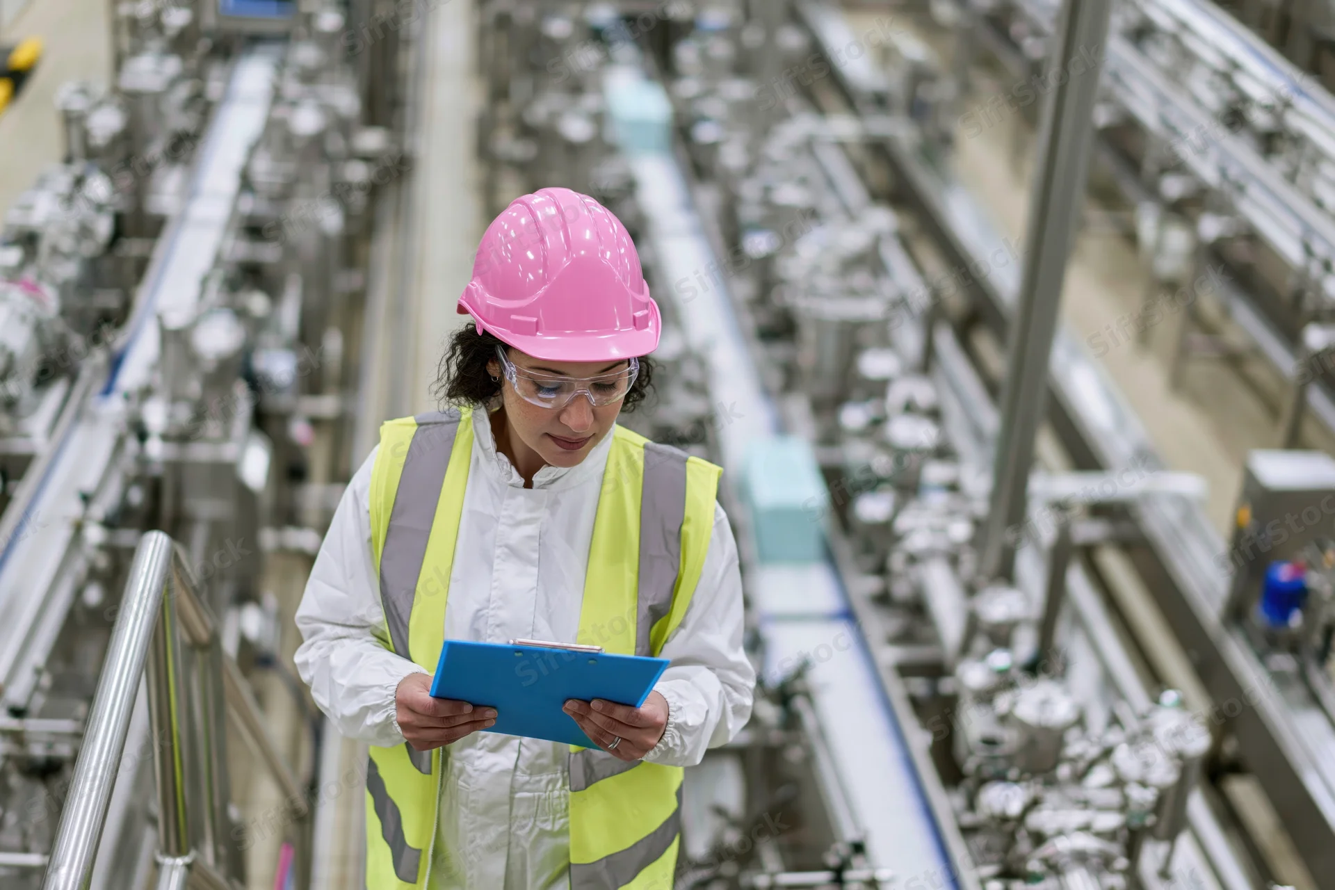 Woman in protective gear inspecting factory production line with clipboard