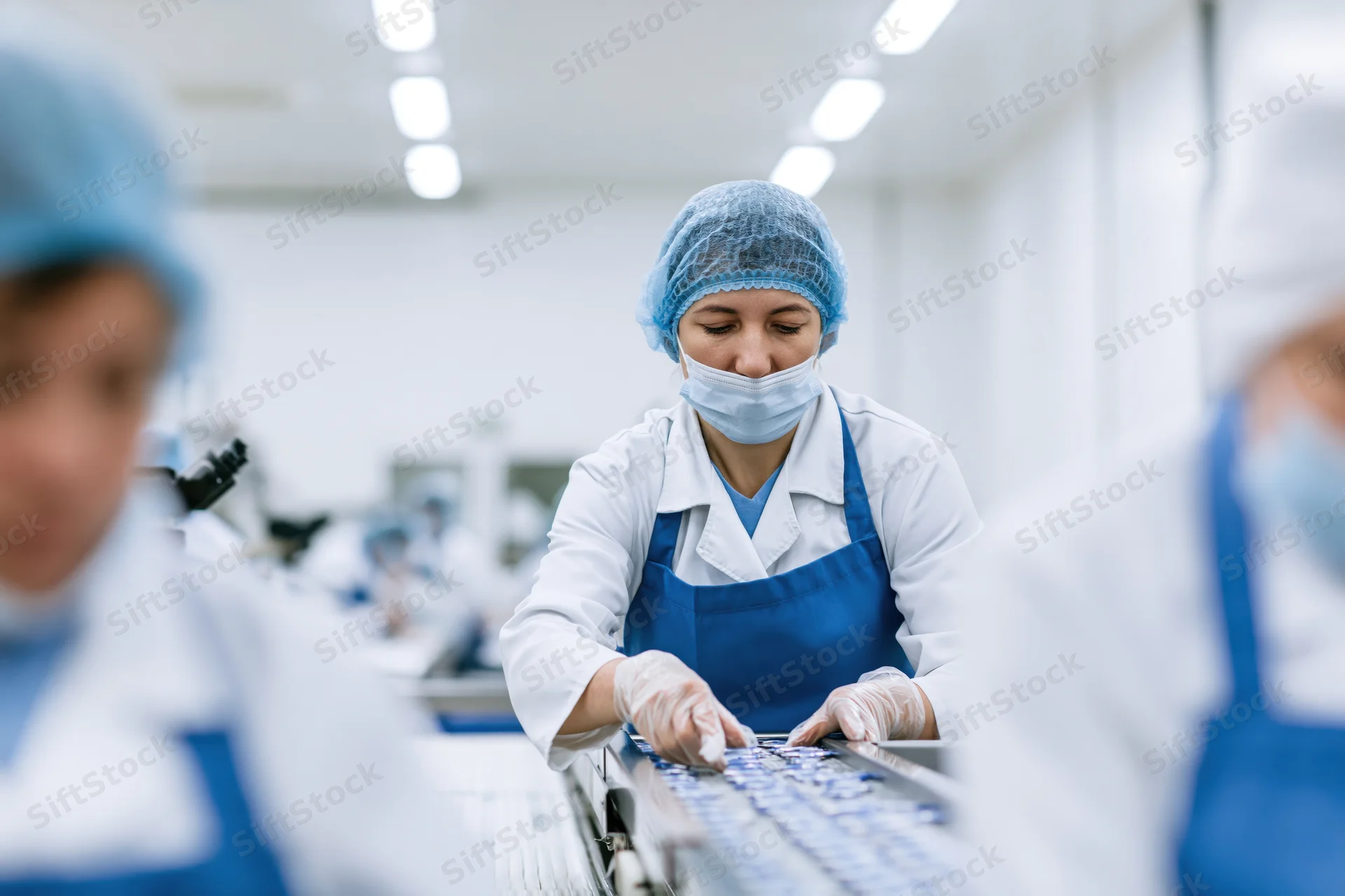 Woman arranging products on a conveyor line in a food factory