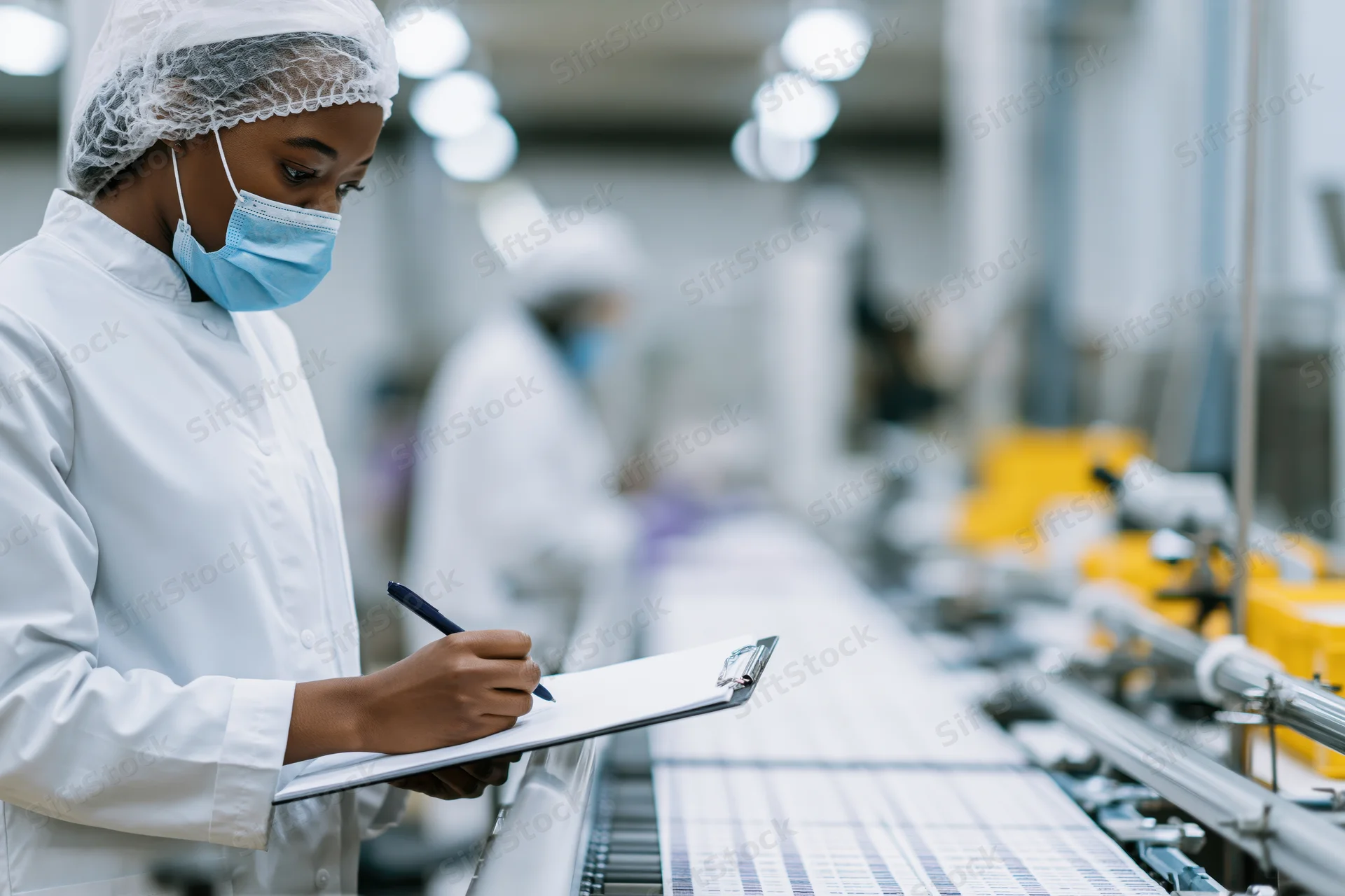 Woman in lab coat and face mask writing on clipboard beside conveyor line in factory