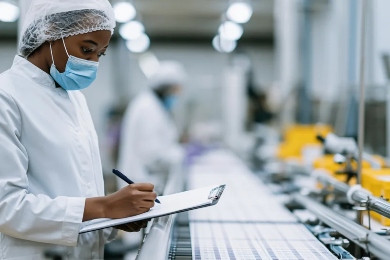 Woman in lab coat and face mask writing on clipboard beside conveyor line in factory