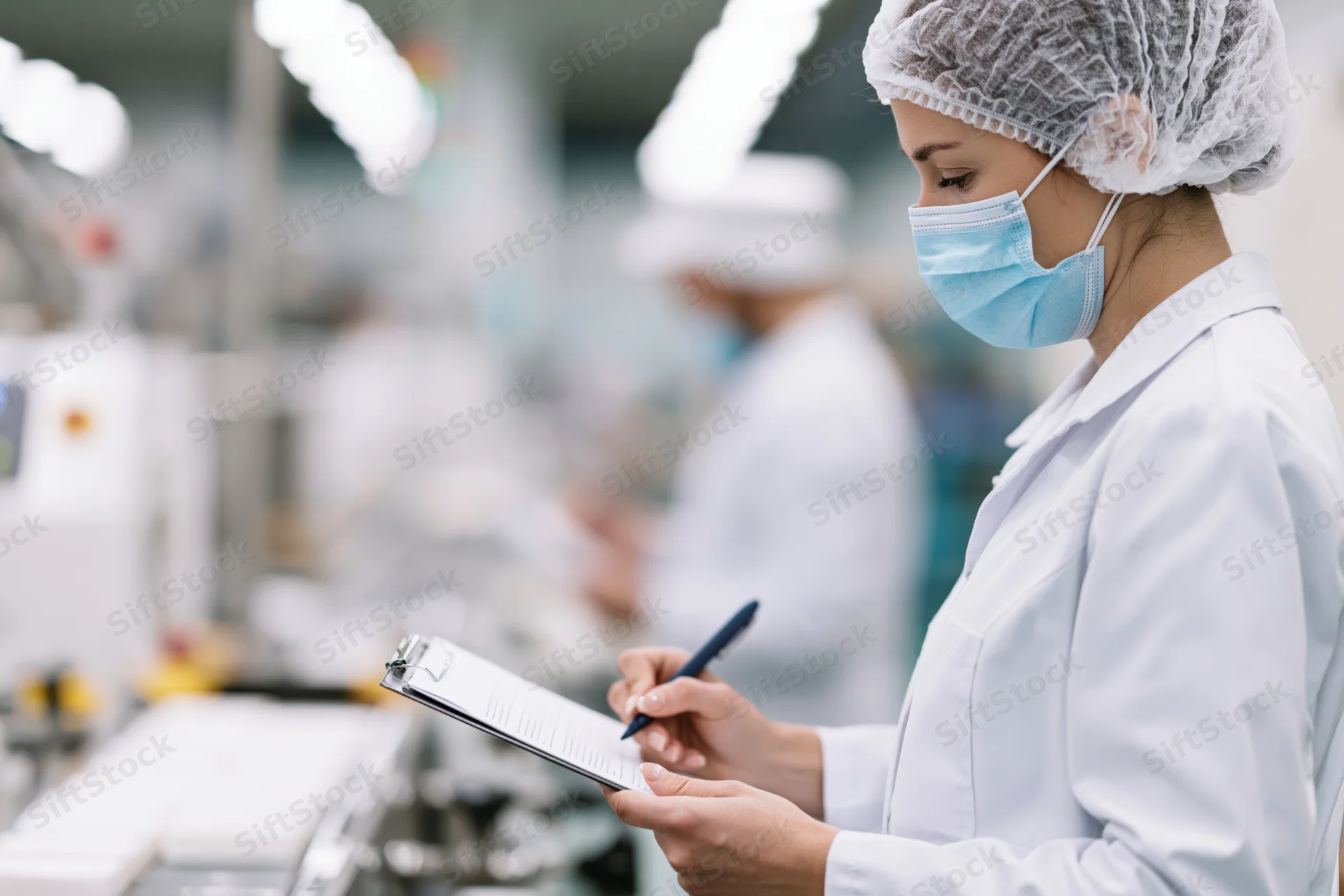 Woman in labcoat and mask writing on clipboard in cleanroom facility