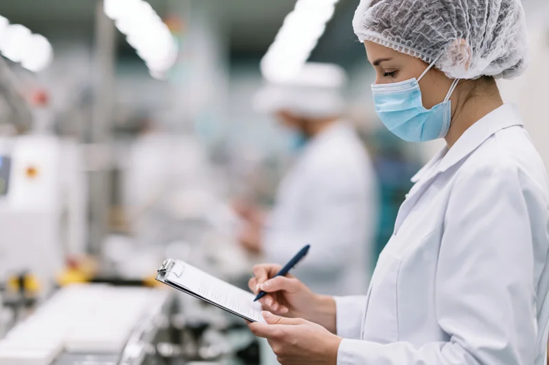 Woman in labcoat and mask writing on clipboard in cleanroom facility