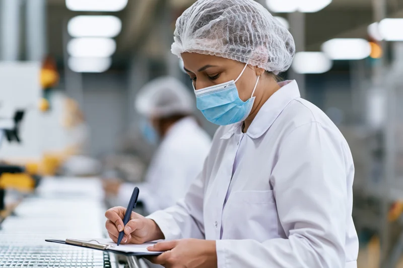 Woman in lab coat and hairnet writing on clipboard in factory setting