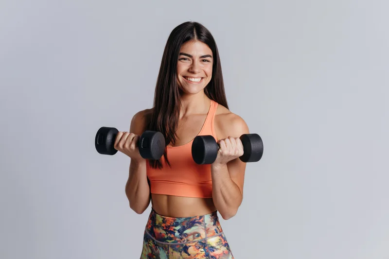 Woman lifting dumbbells in sportswear against gray background