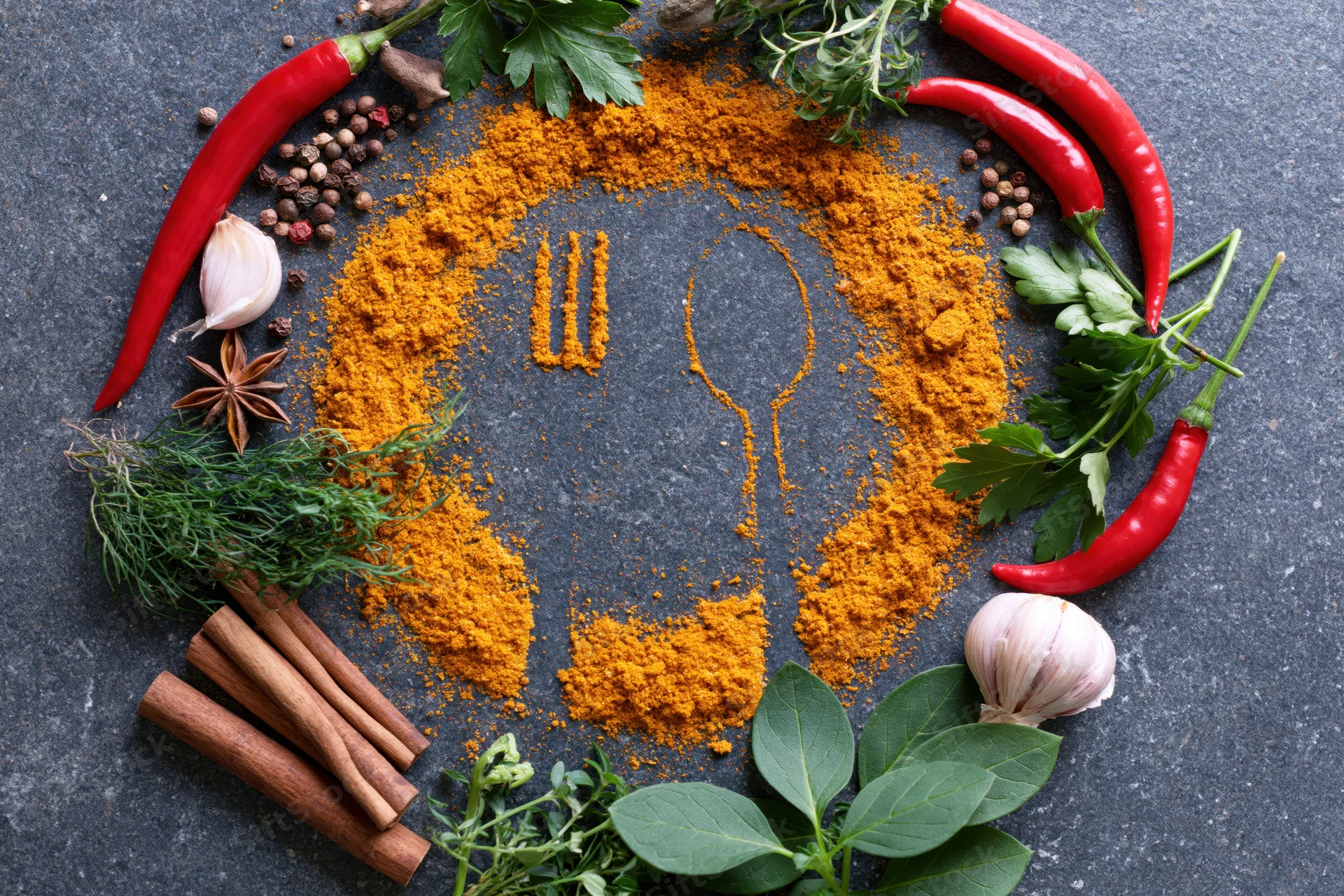 Turmeric powder arranged in a fork and spoon shape on dark slate surrounded by chili peppers garlic cinnamon and herbs