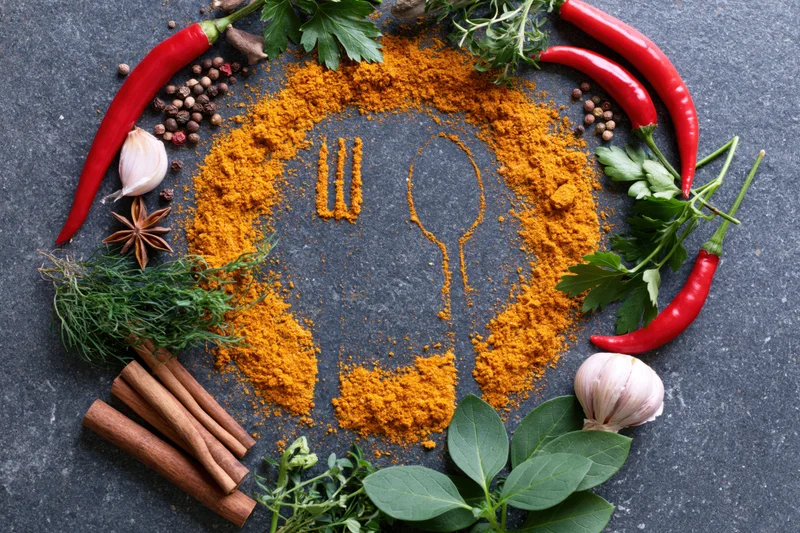 Turmeric powder arranged in a fork and spoon shape on dark slate surrounded by chili peppers garlic cinnamon and herbs